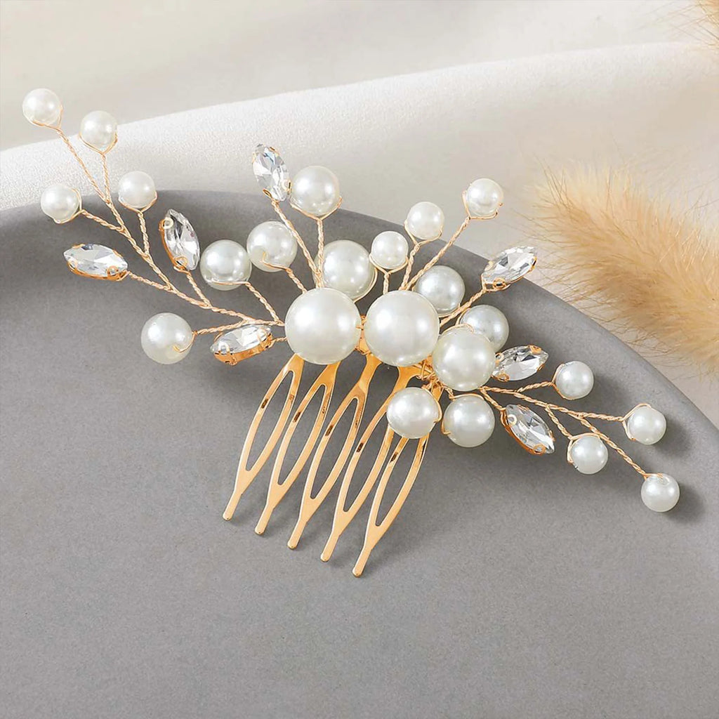 Bridal White Pearls Hair Comb Elegant Women Luxurious Alloy Mental Comb Barrette for Princess Hair Accessories Headpiece Jewelry