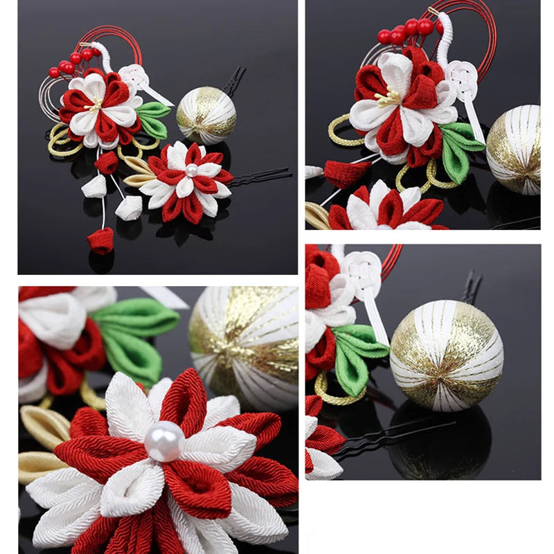 Japanese Kimono Handmade Fabric Flower Hair Accessories Clip Tassel Headwea Headdress Barrette Party Summer Yukata Festvial Deco
