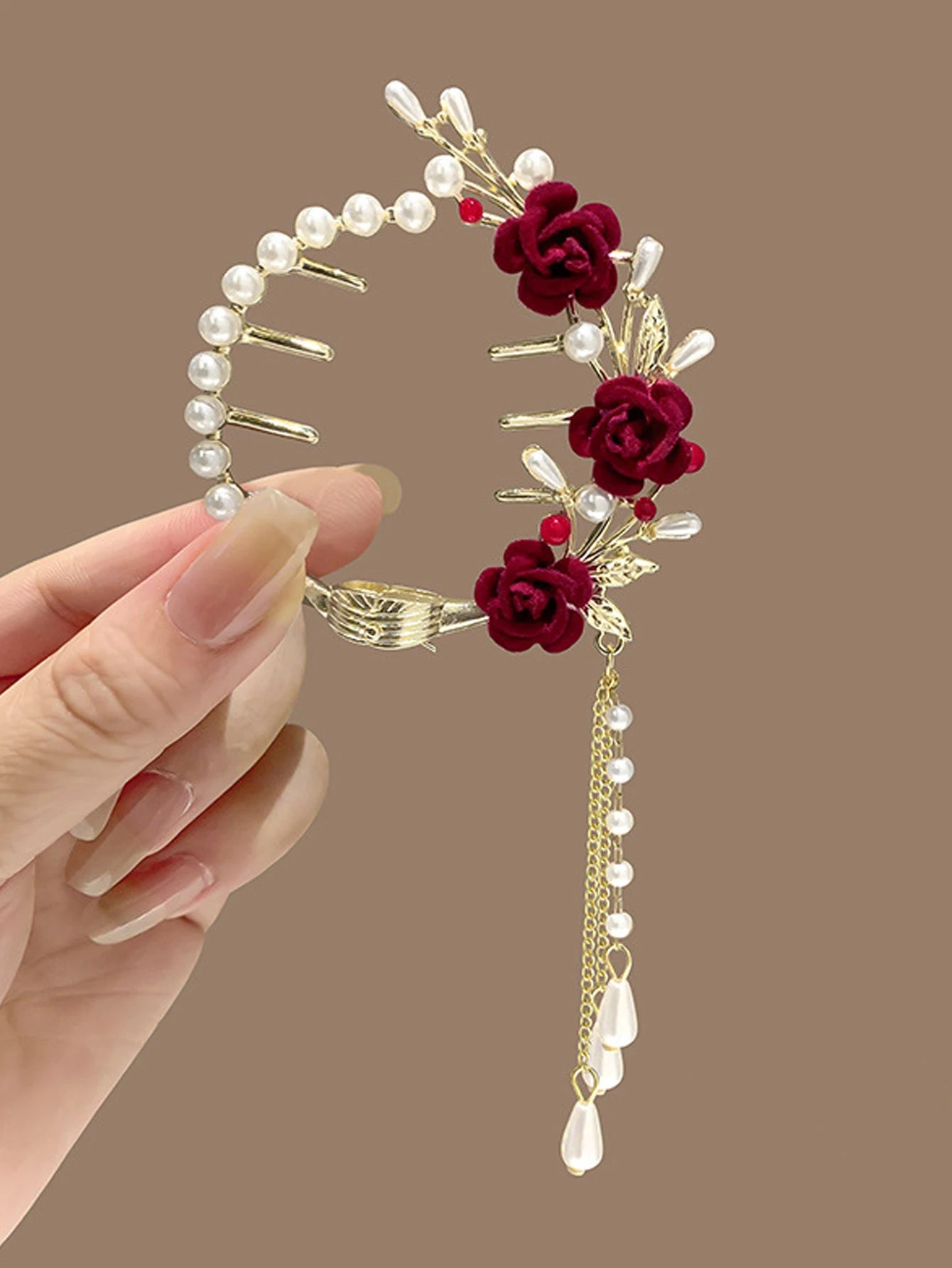 1 Pcs Fashion Exquisite Artificial Pearl Tassel Rose Flower Hair Claws For Women Girls Party Hair Accessories