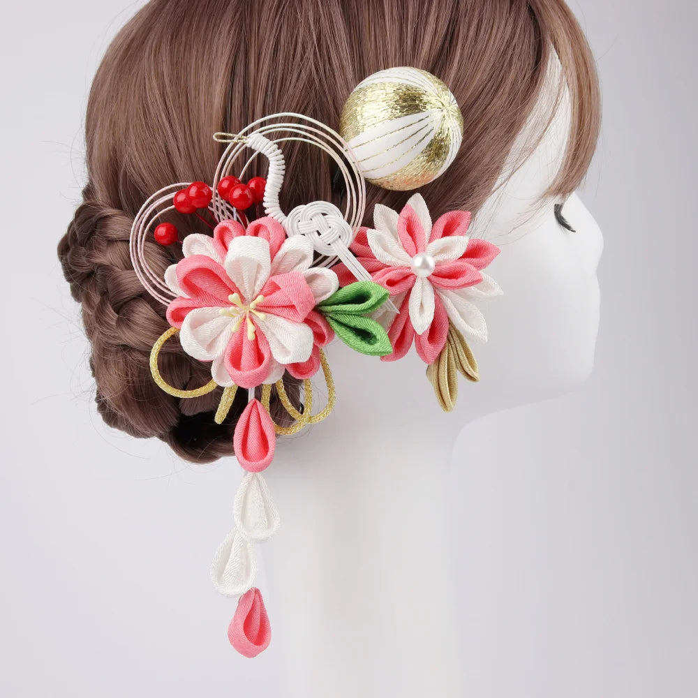 Japanese Kimono Handmade Fabric Flower Hair Accessories Clip Tassel Headwea Headdress Barrette Party Summer Yukata Festvial Deco